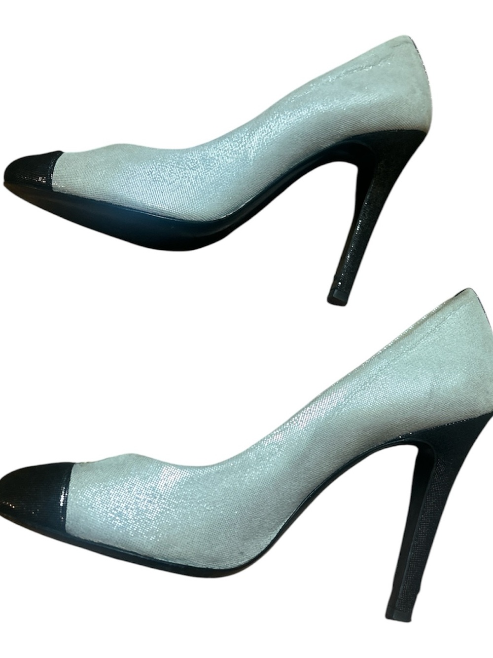 CHANEL Beige Canvas Pumps with Black Cap Toe - Picture 2 of 7
